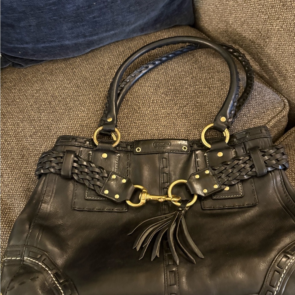 Coach Black and Gold Shoulder Bag with Elegant Braided Accents